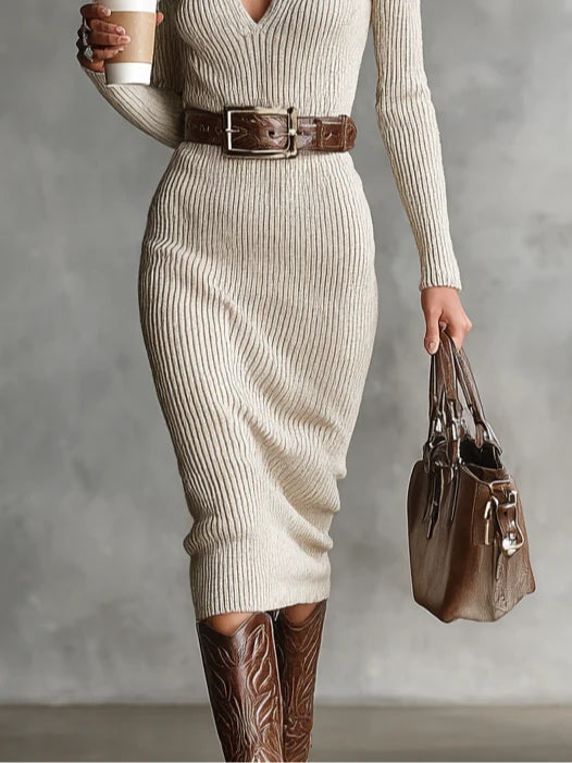DELPHINE - KNITTED BELTED MIDI DRESS