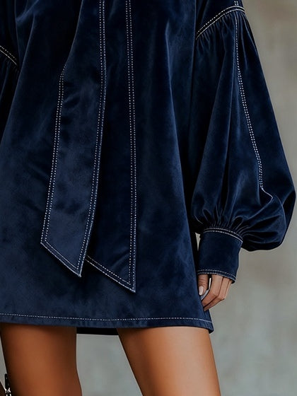 ELAINE - BLUE VELVET BOW MINI DRESS