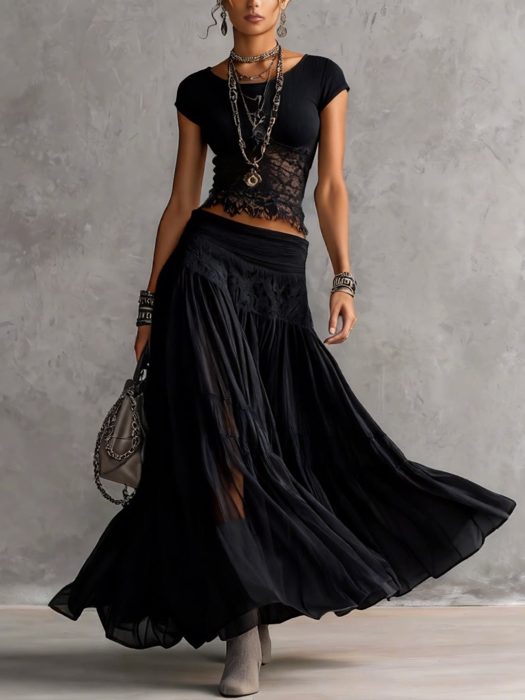 Black Transparent Lace Top and Pleated Maxi Skirt Set